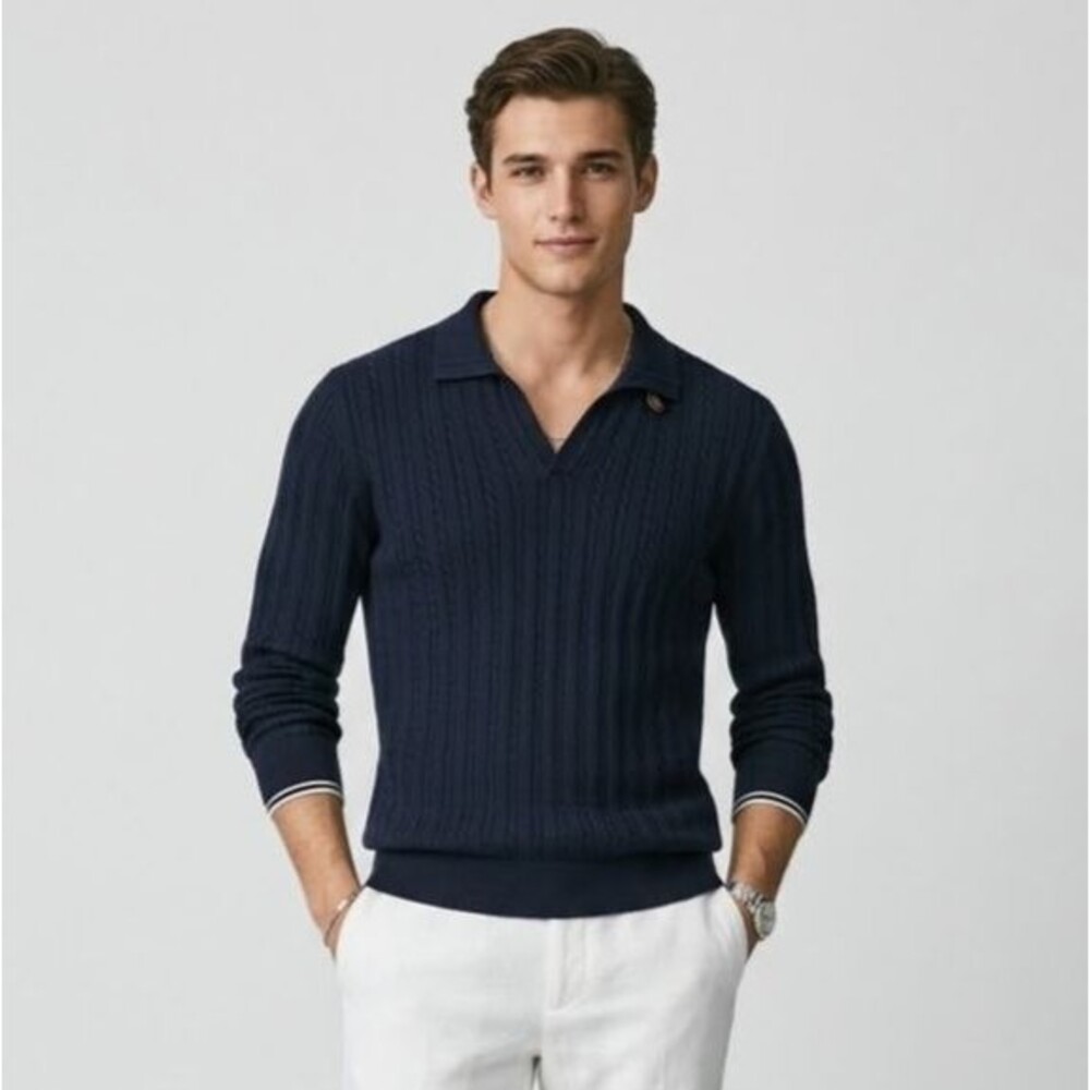 Massimo Dutti Extrafine Cotton Polo Sweater  Mens Sz L Navy Cable Knit Slim Fit